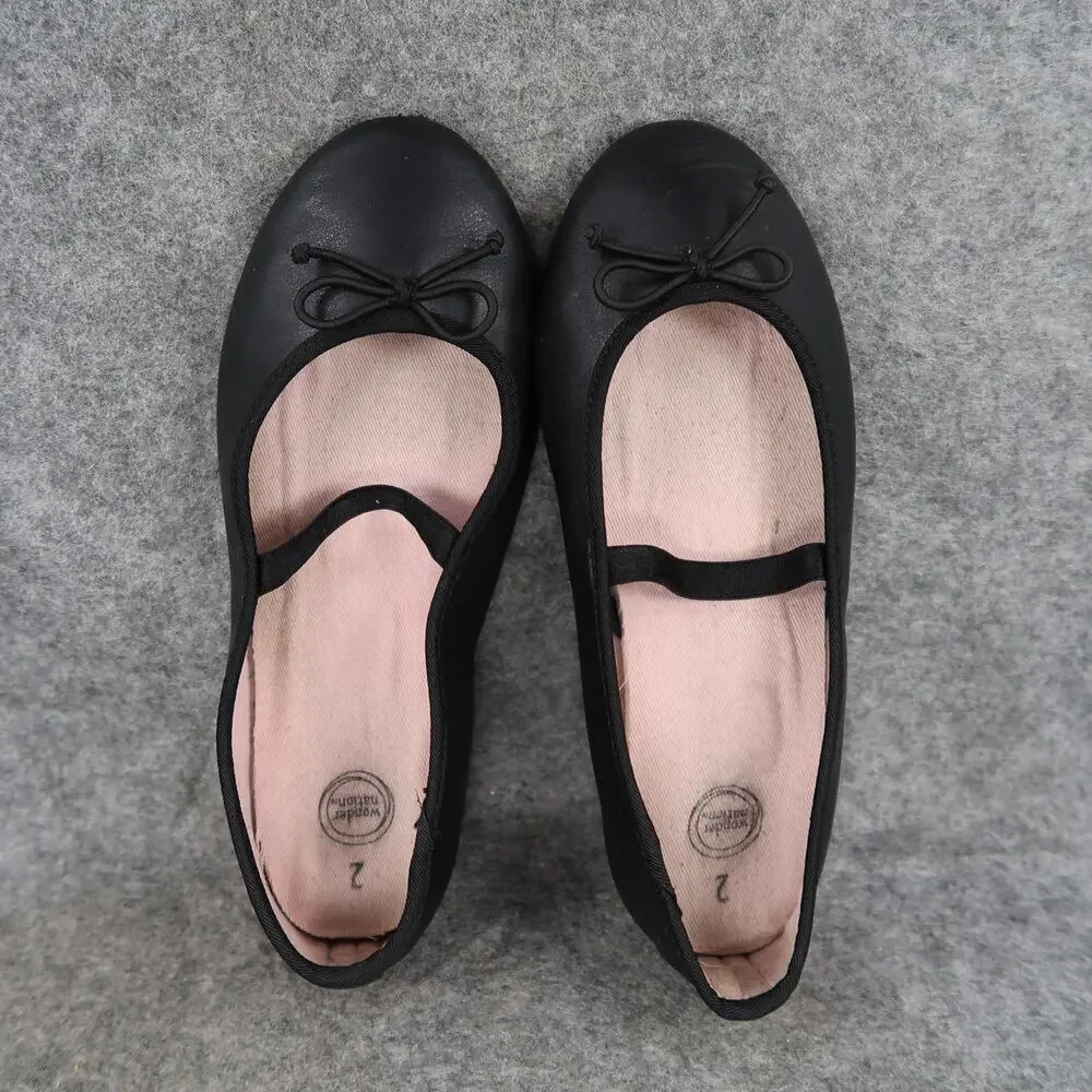 Wonder Nation Shoes Girls 2 Ballet Flats Elastic Strap Black Bow Slip On Kids